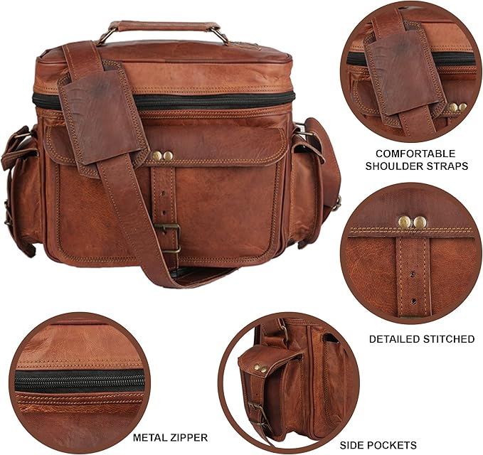 Leather Messenger Bag for Camera - Vintage Shoulder Satchel Camera Bag for DSLR, Canon, Nikon, Fuji Cameras - Travel, Portable Photography Bag