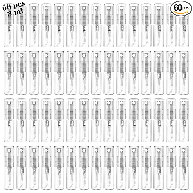 Mini Spray Bottle 3ml, Refillable Glass Spray Bottle, Glass Bottle Atomizer, Perfume Mouthwash Atomizer for Cleaning Refillable Container for Travel, Essential Oils, Perfume 60 Pcs, 3ml