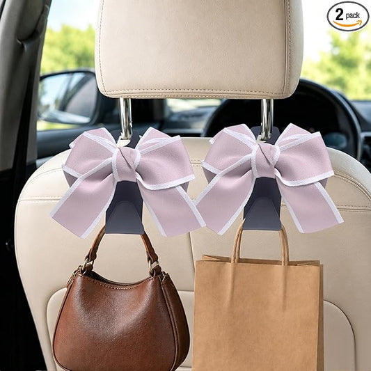 2 Pack Car Purse Hooks, Cute Bow Car Seat Headrest Hook Hanger for Purses and Bags, Space-Saving Car Accessory(pink)