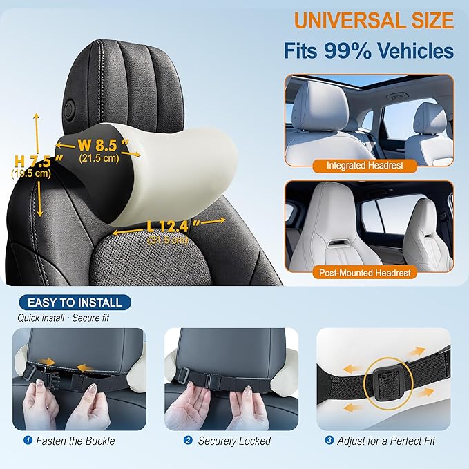 2-Pack Car Neck Pillow: Ergonomic Memory Foam Car Headrest Pillow, Neck Support Pillow for Long Drives, Headrest Support Cushion for Pain Relief, Universal Fit for Cars, SUVs & Trucks – Beige