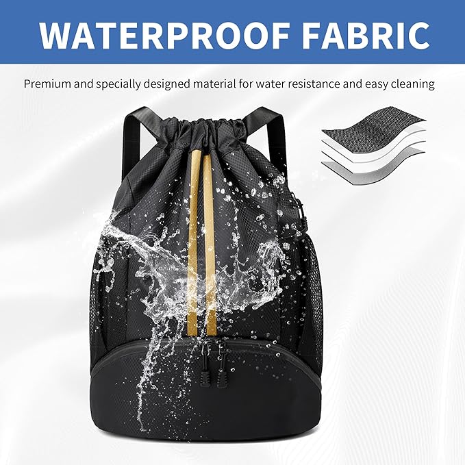 JELUTAR Drawstring Backpack Gym Bag with Shoes Compartment for Soccer, Basketball, Swim, Water-Resistant String Backpack Beach Cinch for Women Men, Black Gold