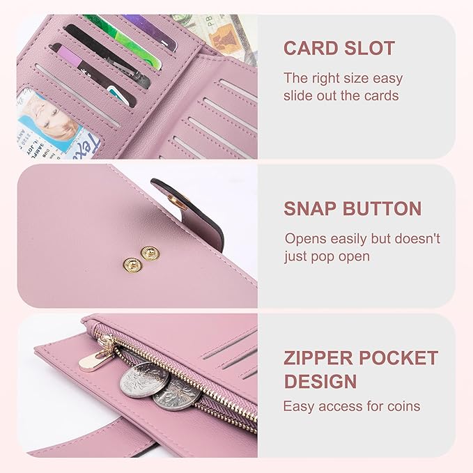 yiijay Womens Wallet RFID Blocking Leather Trifold Clutch Wallet Credit Card Holder Ladies Travel Wallet Purse with Pen Holder