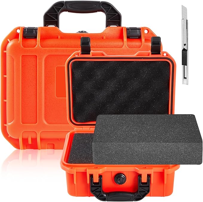 Relaxweex 1 Pcs Waterproof Hard Case with DIY Customizable Foam Insert Portable Protective Case with Knife for Camera Drones Equipments Tools Test Instruments(Reddish Orange,11.3 x 8.7 x 4.2 Inch)