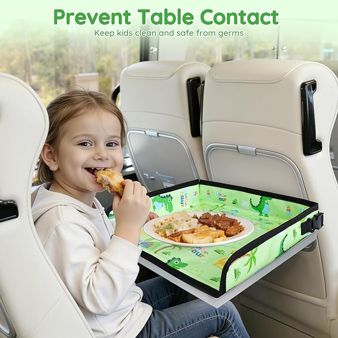 Kids Travel Tray Table Cover with Pockets – Airplane Essentials for Toddlers 1-3, Portable Activity Organizer for Plane, Train, Car & Highchair, Washable Dinosaur Design (Green)