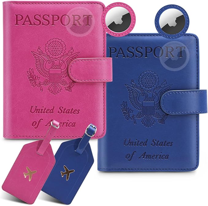 2 Pack Passport Holder for Travel with Slot for Tracker Device & Luggage Tag Cover, RFID Blocking Passport Holder for Women & Men | PU Leather Passport Cover Case with Pocket, Blue & Pink