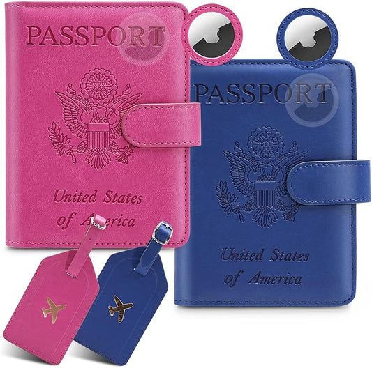 2 Pack Passport Holder for Travel with Slot for Tracker Device & Luggage Tag Cover, RFID Blocking Passport Holder for Women & Men | PU Leather Passport Cover Case with Pocket, Blue & Pink