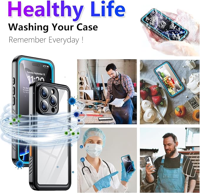 Compatible with iPhone 16 Pro Case Waterproof, Built-in Screen & Camera Protector IP68 Underwater Full Body 16FT Military Dropproof Shockproof Phone Case 6.3"-Blue/Clear
