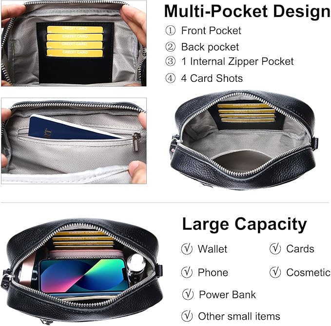 Small Crossbody Bags for Women Genuine Leather, Guitar Strap Shoulder Handbag Purse Camera Bag with Rfid Card Slots, Black