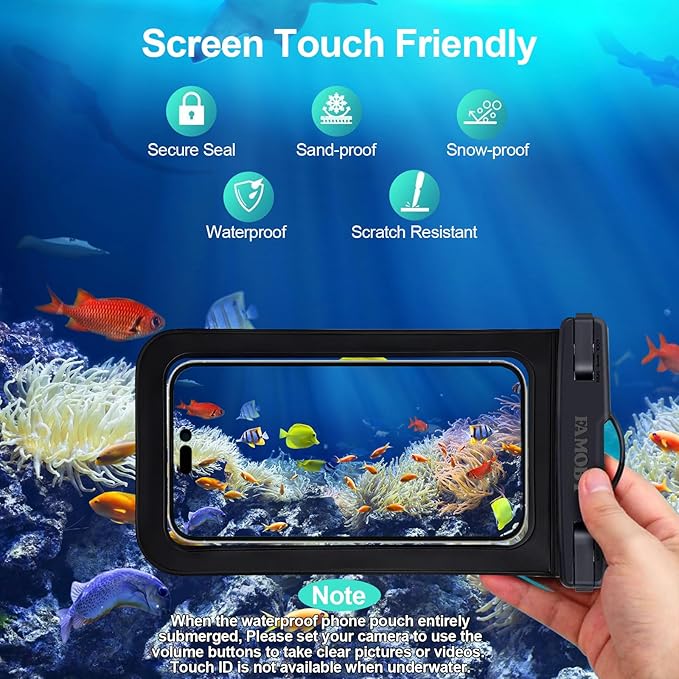 Famoby 6 Pack Multicolor Waterproof Phone Pouch,Phone Case Dry Bag,Protection Level: IP68,Beach Cruise for iPhone,Samsung,and More,Lanyard Included,(Up to 8.3”),Black,Blue,Pink,Orange,Yellow,Green