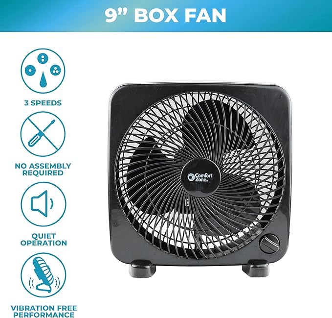 Comfort Zone 9-inch Portable Box Fan – Compact Desktop Cooling Fan with 3-Speeds, Quiet Operation, Built-in Carry Handle & Safety Grill – ETL Listed for Home, Office, or Dorm – Black