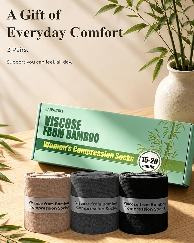 Compression Socks for Women 15-20 mmHg, Viscose from Bamboo, 3-Pair Knee High for Flying, Work & All-Day Comfort