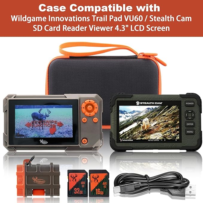 co2CREA Hard Case Replacement for Wildgame Innovations Trail Pad VU60 / Stealth Cam SD Card Reader Viewer 4.3" LCD Screen, Black Case + Orange Zipper