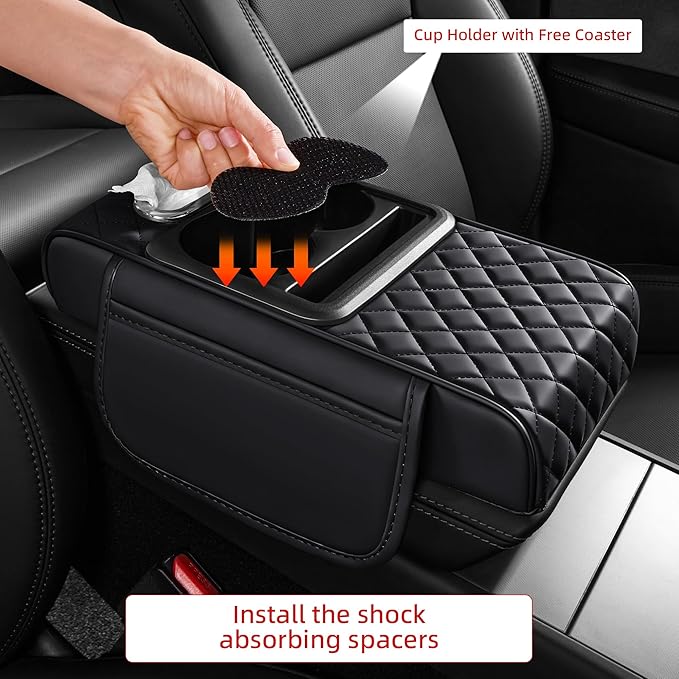 5 in 1 Car Center Console Cover, Armrest Pad with 2 Storage Pockets, Cup Holder, Tissue Slot, Phone Holder, Nappa Leather Memory Foam Car Accessories for SUV Sedan Truck (Black)