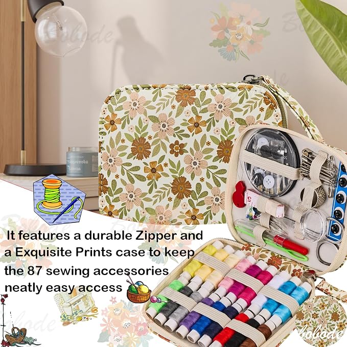 Printing Floral Sewing Kit with 18 Colors Sewing Thread Basic Hand Sewing Supplies,Portable Travel Sewing Kit for Adults & Beginners Repairs