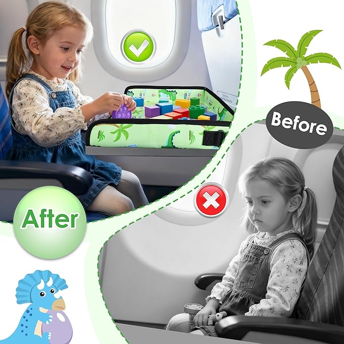 Kids Travel Tray Table Cover with Pockets – Airplane Essentials for Toddlers 1-3, Portable Activity Organizer for Plane, Train, Car & Highchair, Washable Dinosaur Design (Green)