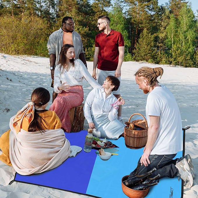 Frelaxy Pocket Picnic Blanket, Waterproof Sandproof Beach Mat, Compact Camping Tarp for Festivals, Hiking, Travel, Outdoor Recreation (Navy & Blue, 57'' x 71'')