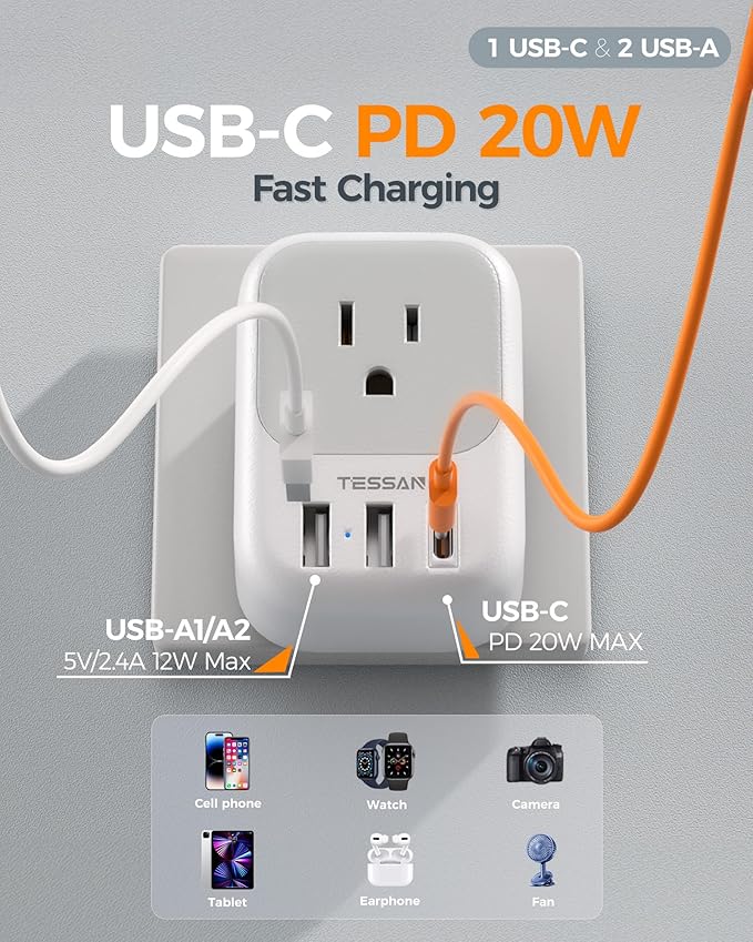 TESSAN South Africa Power Adapter, Type M Plug Adaptor with 4 American Outlets 3 USB Charger (1 USB C Port) for US to Bhutan Botswana Namibia Nepal