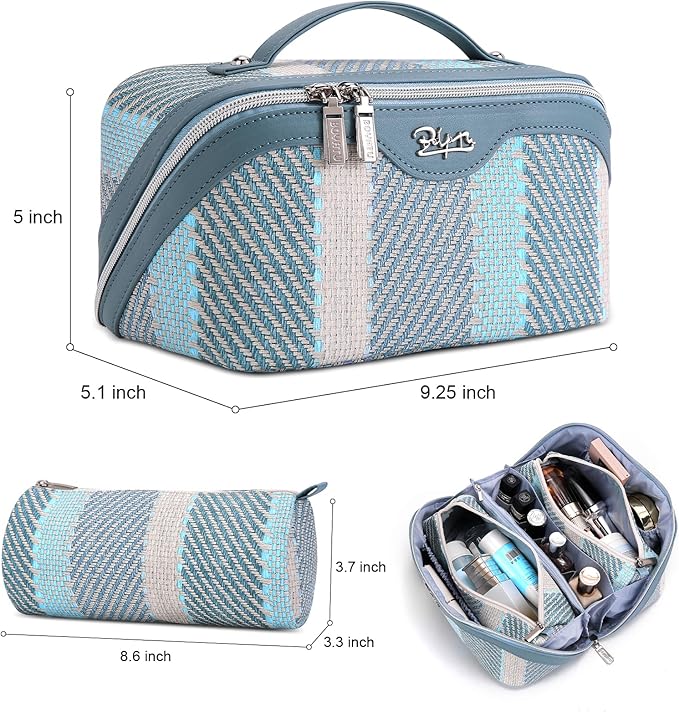 BOYATU Travel Makeup Bag Cosmetic Bag for Women: 3 Pcs Set Make up Bag with Compartments - Waterproof Vegan Leather Toiletry Bags with Handle - Makeup Organizer for Travel Essentials(C-1-Blue)