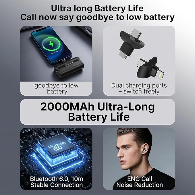 MS123 Portable Charger Type C, Mini Power Bank with Earphones Wireless Bluetooth & 2-Pack USB C Adapter Port, (2500mAh) Compatible with All iPhone 12-17 Plus/17 Pro/17 Pro Max, Samsung Galaxy Android