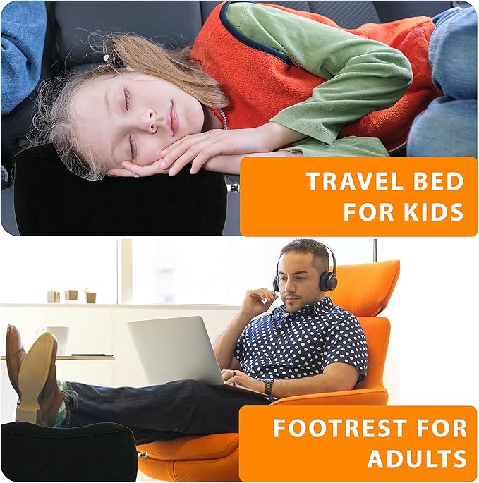 Inflatable Foot Rest Travel Pillow-Adjustable Height Airplane Footrest for Airplane Travel/Car/Train/Home/Office-Airplane Bed for Toddlers, Comfortable Seat Extender for Kids - Black, 2 Pack