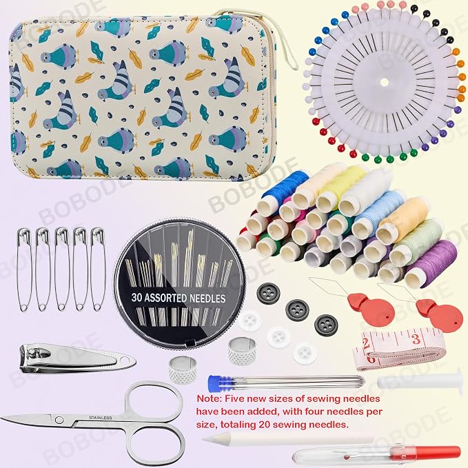 Pigeon Cartoon Sewing Kit with 130PCS Basic Sewing Supplies Accessories | Printing Professional Travel Sewing Kit for Adults,Emergency,Arts Craft & Beginners