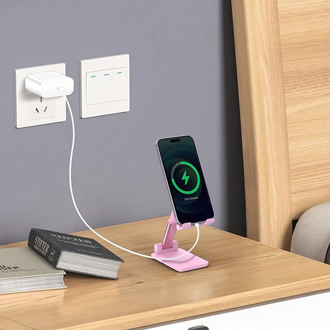 Cell Phone Stand, Adjustable Angle and Height Cell Phone Holder for Desk, Foldable and Portable, Anti-Slip Silicone Pad, Compatible with All Mobile Phones and 4-8 Inch Devices (Black&White&Pink)
