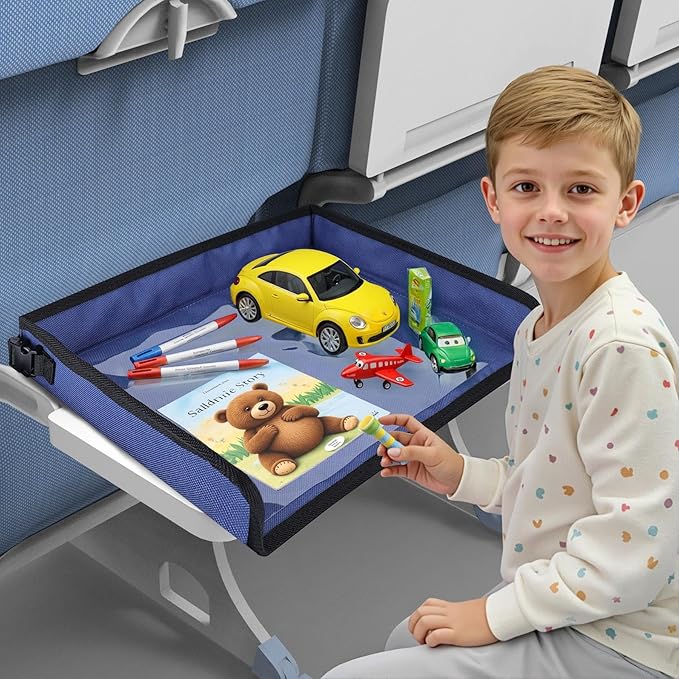 Kids Tray Table Cover, Airplane Tray Cover with Pockets, Airplane Travel Essentials for Kids, Portable Airplane Must Haves for Toddler on Plane or Train and Flying Supplies (Navy Blue)