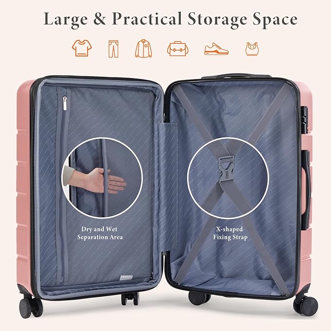 Sweetcrispy 3 Piece Expandable Luggage Set, ABS Hard Shell Rolling Suitcases with Smooth Spinner Wheels and TSA Lock, Lightweight Travel Luggage for Trip, 20/24/28 Inch, Pale Pink