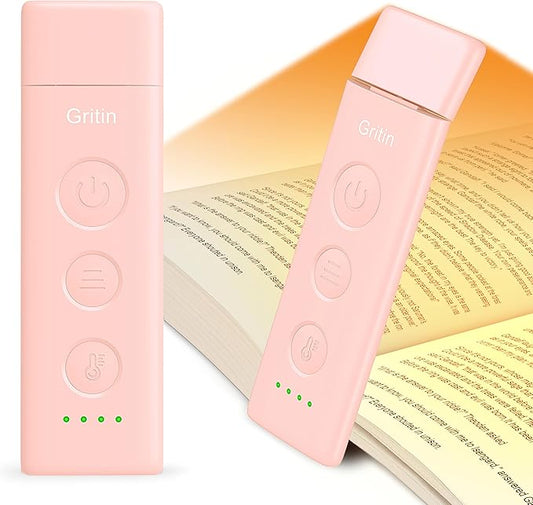 Gritin Book Light Rechargeable, Eye Caring 3-Color & 5-Brightness Clip on LED Reading Light for Books in Bed- Stepless Dimming, Long Lasting, Compact Size Flexible Book Lamp for Bookworms-Pink