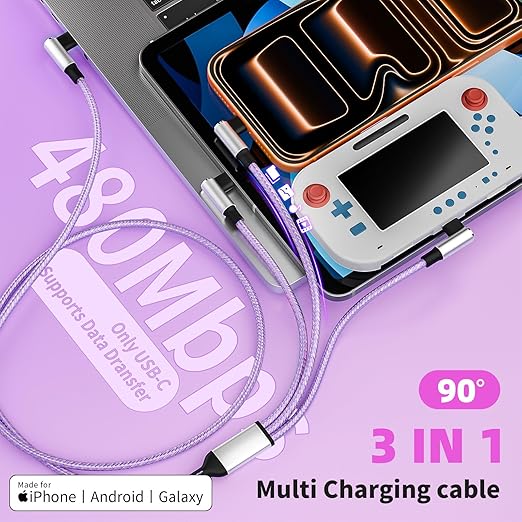 90 Degree 3-in-1 Multi Charging Cable 2Pack 5FT - Right Angle USB C to Type C/IP/Micro USB, Gamer & Travel Essential for iPhone 17-12, Galaxy, Huawei, iPad and More