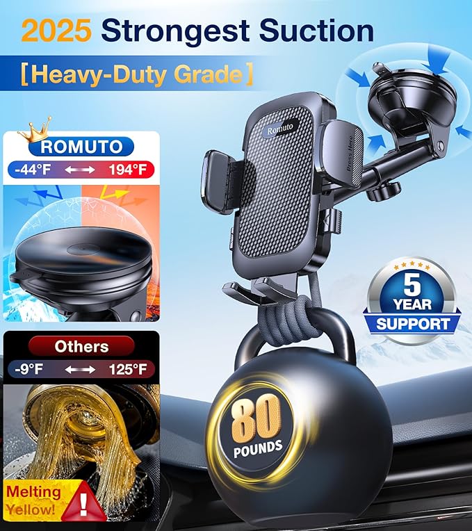 Romuto Phone Holders for Your Car Phone Holder Mount【Strongest Suction】 Cell Phone Mount for Car Dash Pad Car Accessories for Women Men Dashboard/Windshield/Vent Truck Stand Mount for iPhone Samsung