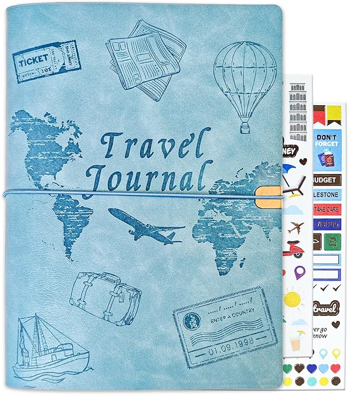 Travel Journal for Women Men and Couples, Leather Travel Notebook with Prompts, Travel Memory Book & Adventure Book (Blue)
