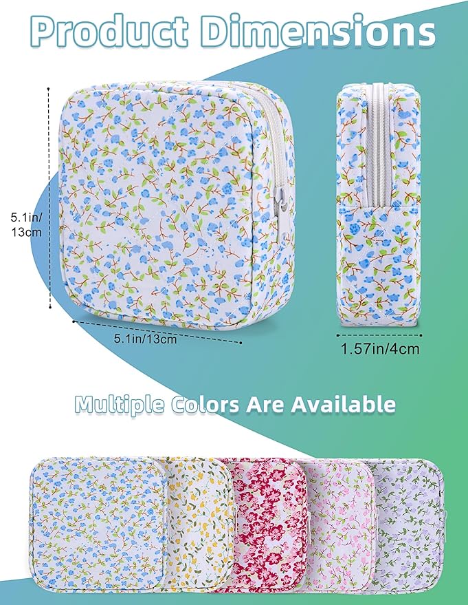 Period Bag for Girls, Quilted Period Pouch for Women, Floral Sanitary Napkin Storage Bag Menstrual Pad Pouches Tampon Holder for Purse Pad Bag Gifts for Teen Girls(Blue)
