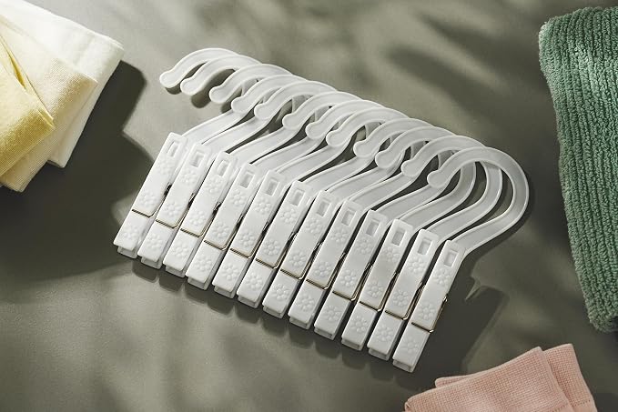 New Talent Laundry Hooks Clip Set of 12, Clothing Pin Hooks, Plastic Clothes Hangers, for Bathroom Travel Portable,White