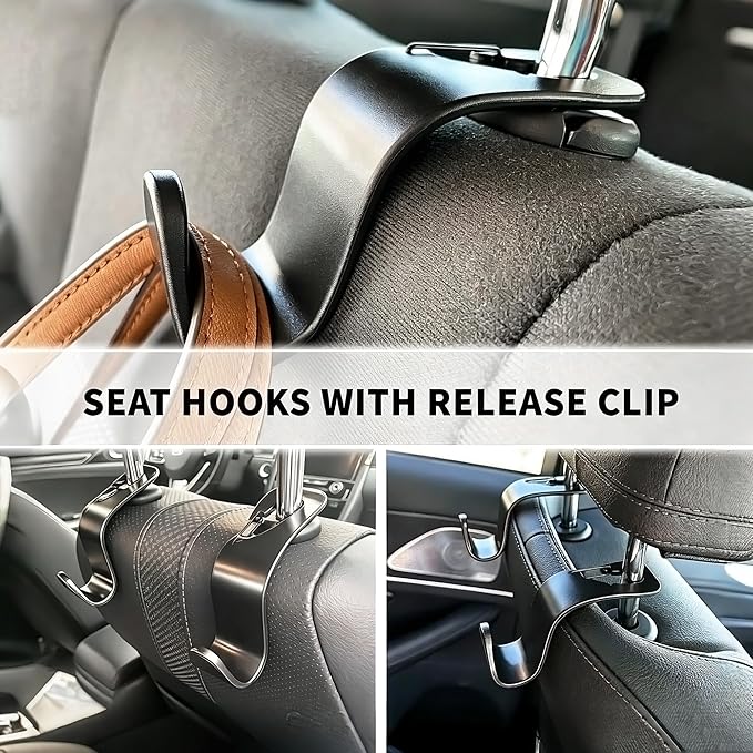 EldHus Car Seat Hooks 4 Pack, Headrest Hooks for Purses Groceries Bags with Metal Lock, Car Purse Holder Seat Back Storage Hooks