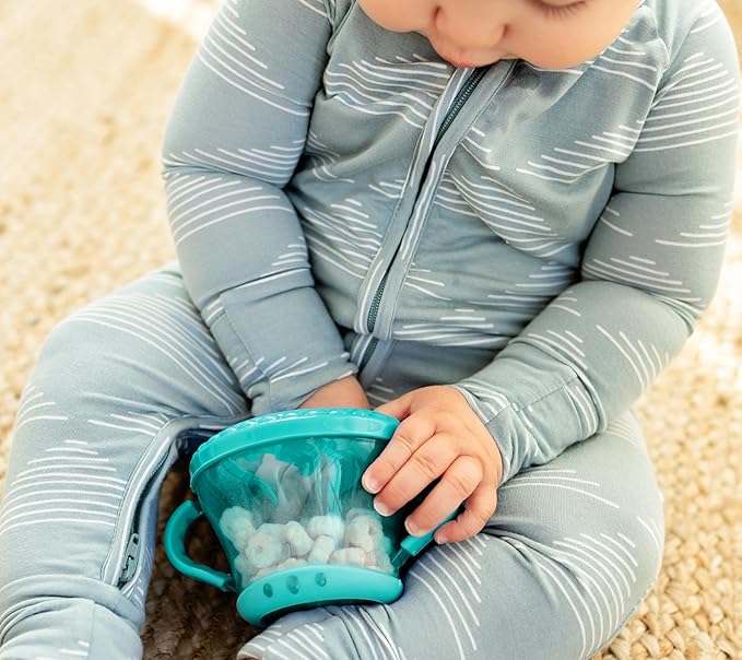 Nuby Toddler Snack Cups with Soft Flaps Lids - (2 Pack) 9 oz - Spill-Resistant Snack Containers for Kids - Portable Food Holders for Travel or Home - Coral and Aqua