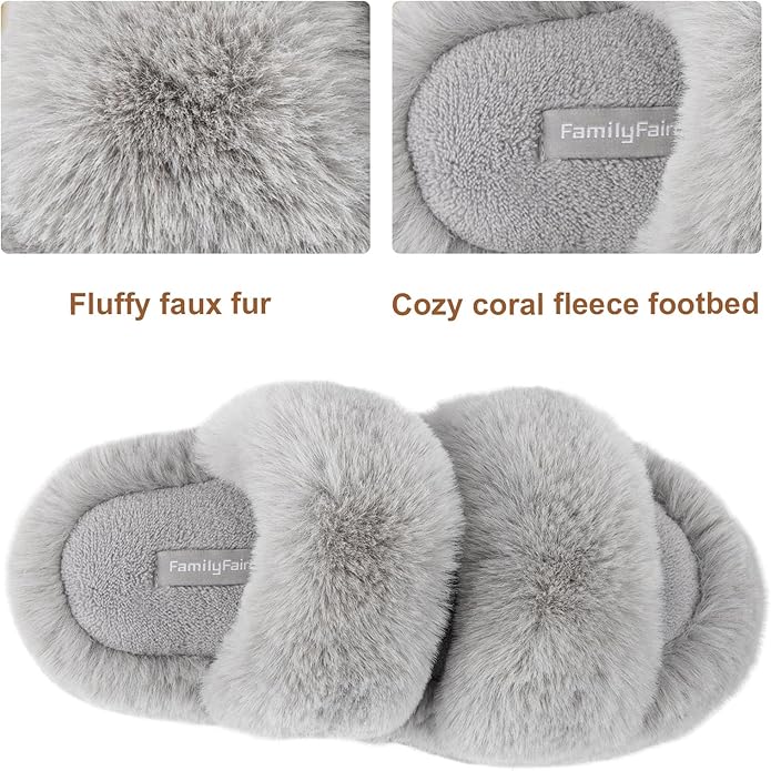 FamilyFairy Women's Fluffy Faux Fur Slippers Comfy Open Toe Two Band Slides with Fleece Lining and Rubber Sole