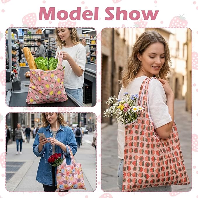 Ouligay 3 PCS Foldable Reusable Shopping Bags Foldable Grocery Bags 46×40cm Machine Washable Polyester Large Reusable Tote Bag for Daily Shopping Supplies Women Supermarket (1 Cat, 2 Strawberries)