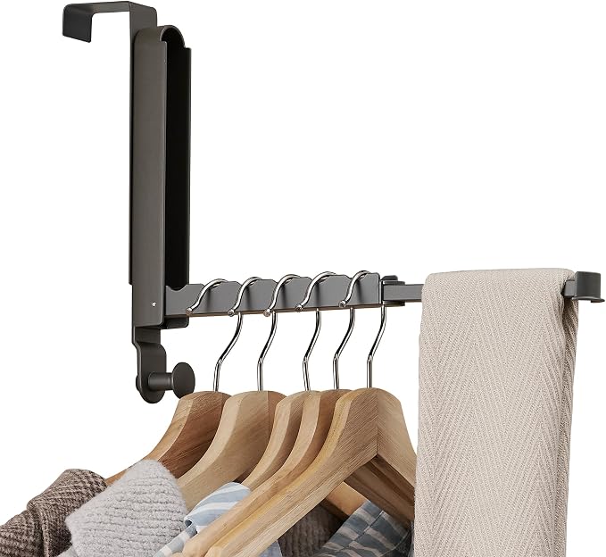 RFOUO Over The Door Hooks Hanger, Fits Door up to 1 3/4",Space Grey, 1 Pack | Aluminum, Retractable Rod, Space-Saving, Foldable Over The Door Drying Rack,No drilling, For Laundry Bathroom Bedroom Travel