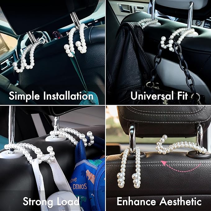 Purse Hook for Car, Cute Pearl Bag Hanger for Seat Headrest Organized, Girly Car Decor Accessories for Women