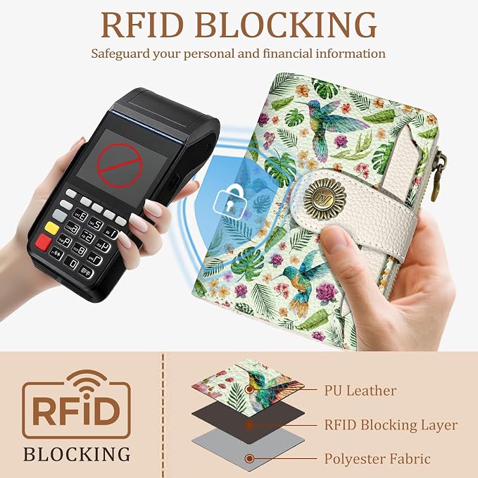Icycay Hummingbird Small Wallet Women RFID Blocking Bifold, Cute Credit Card Holder, Zipper Coin Pocket, PU Leather, Compact, Travel, 4 ID Window, 14 Card Slots, Cash Purse, Ladies Woman Female Girls