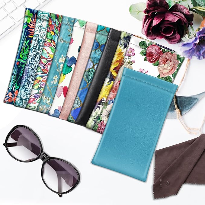 FINTIE Soft Eyeglasses Case with Cleaning Cloth, Portable Squeeze Top Vegan Leather Glasses Pouch, Sunglasses Eyewear Bag
