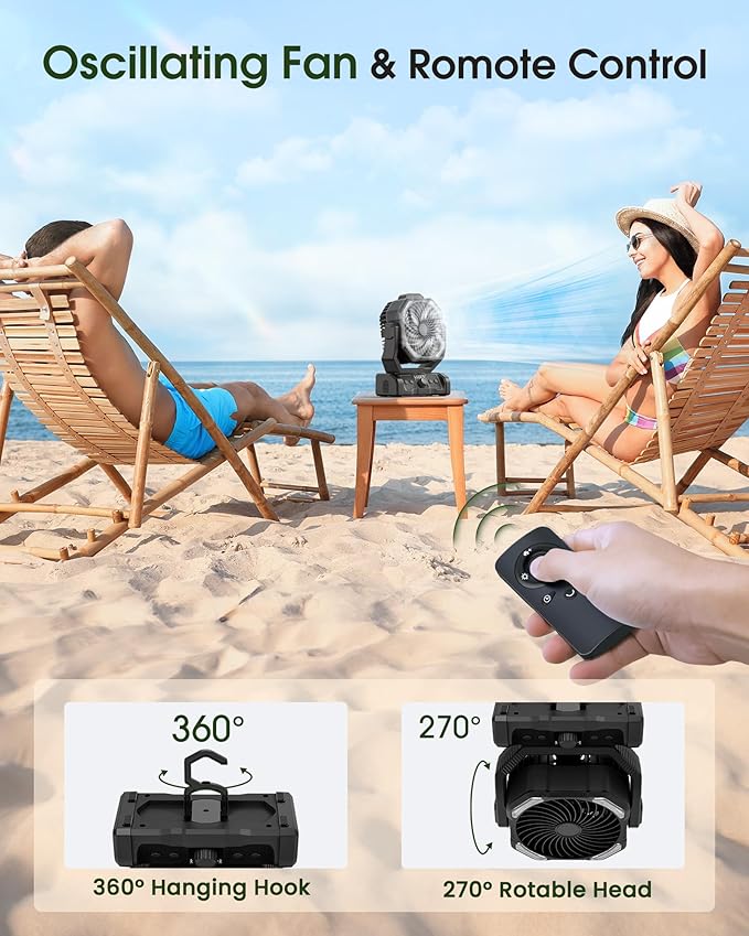 ONLYNEW Portable Camping Fan Rechargeable 20000mAh Battery Operated Oscillating Fan USB C Battery Powered with LED Lantern, Head Rotation,Timer, Remote Auto, Hook for Tents Travel Outdoor Beach Black
