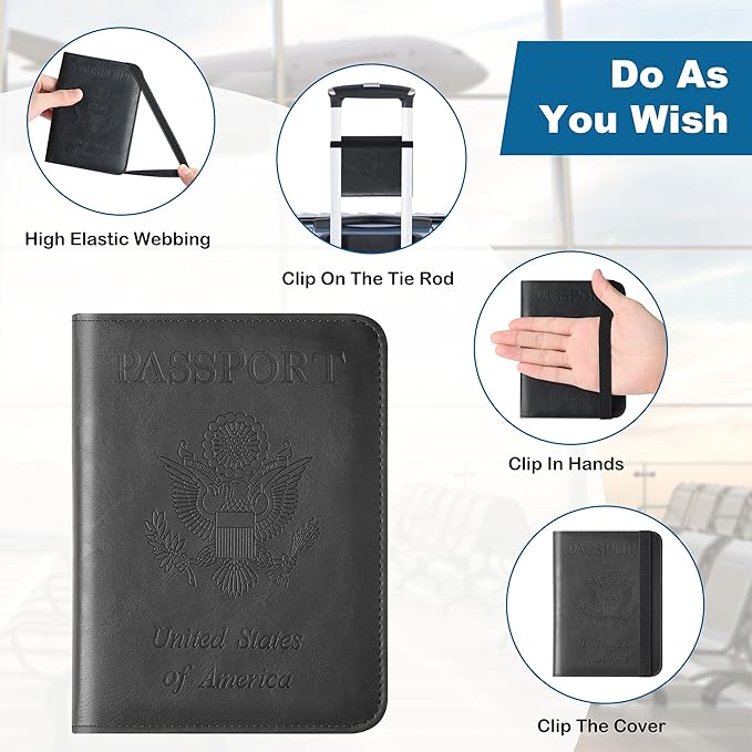 Passport Holder for Travel Essentials Wallet Rfid Blocking Cover Leather Case Vacation Travel Accessories for Women Men (602#Black)