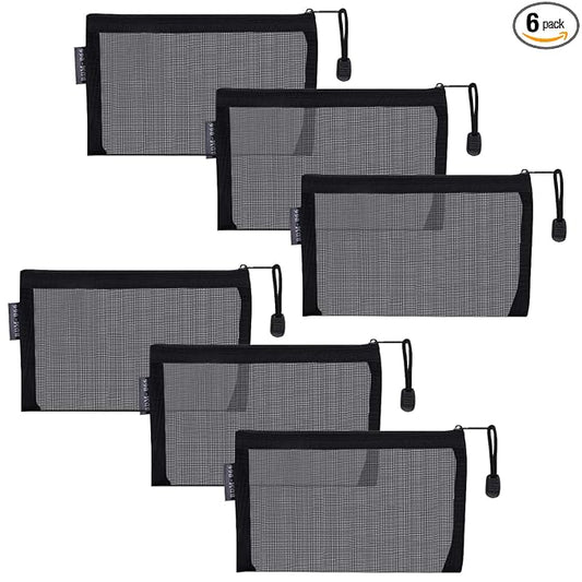 HRX Package Small Mesh Cosmetic Bags with Zipper, 6pcs Black Travel Makeup Pouches Organizer Case for Purse Diaper Bag