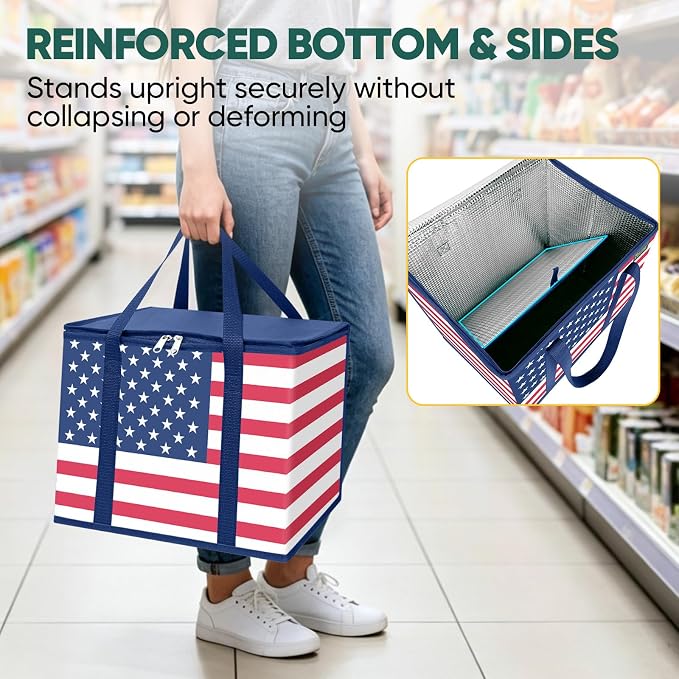 BALEINE 3Pk Insulated Reusable Grocery Bags, Foldable Shopping Bags for Groceries with Reinforced Bottom & Handles (Patriot Celebration)