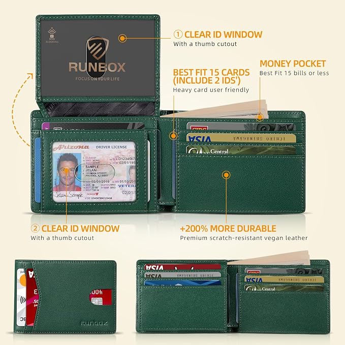 RUNBOX Wallet for Men -Slim Rfid Leather Mens Bifold Novelty Wallets 2 ID Window With Gift Box Men's Accessories | Slim
