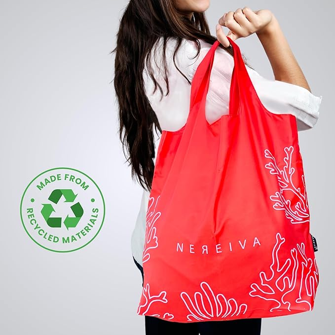 5 Pack Strong Reusable Grocery Bags Foldable into Tiny Pouch with Carry Case – Multi-Color bags makes Travel or Shopping Sorting Easy, Holds 55lbs, Washable, Durable, Packable