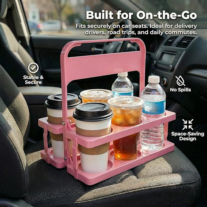 6 Cup Drink Carrier for Delivery - Foldable Drink Holder with Handle, Reusable Cup Carrier for Drinks, Portable Beverage Caddy Accessories for Parties, Camping, Car, Coffee & Bottles (Pink)