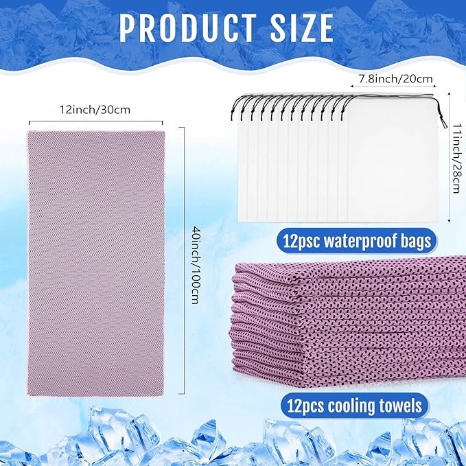 Hosuly 12 Pcs Cooling Towels for Face and Neck 12 x 40 Inch Workout Towels for Gym Fast Drying Hot Weather Sweat Rag Cold Cooling Cloth with 12 Bags Athletes Sport Yoga Golf(Pink)